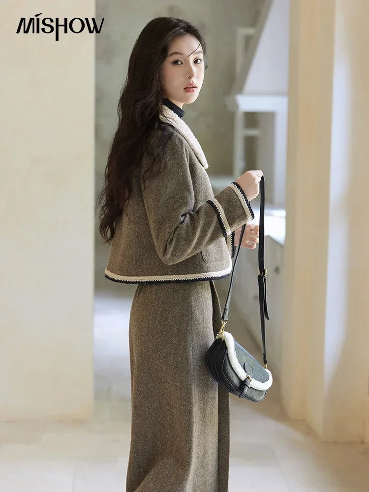 MISHOW Vintage Midi Skirts Coat Seprately Women 2024 Winter Turn Down Collar Plaid Tweed Jacket A-Line Pleated Skirt MXD56W0569