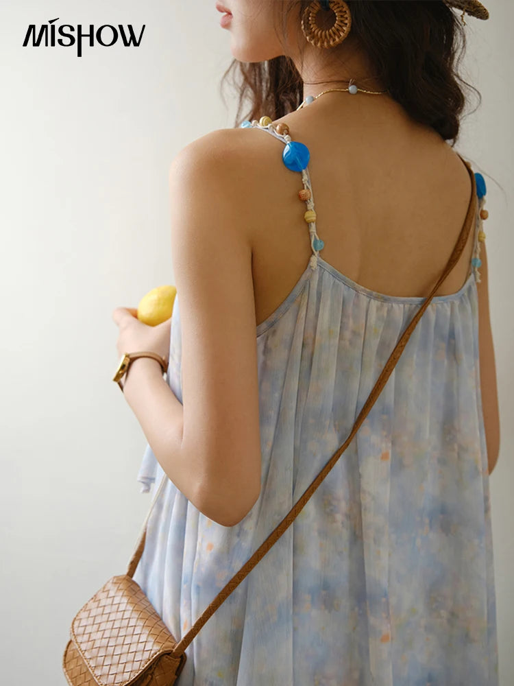 MISHOW Fashion Print Strap Dress for Women 2025 Summer New Multi Layer Ruffle Edge Splicing Sleeveless Midi Dresses MXE35L2233