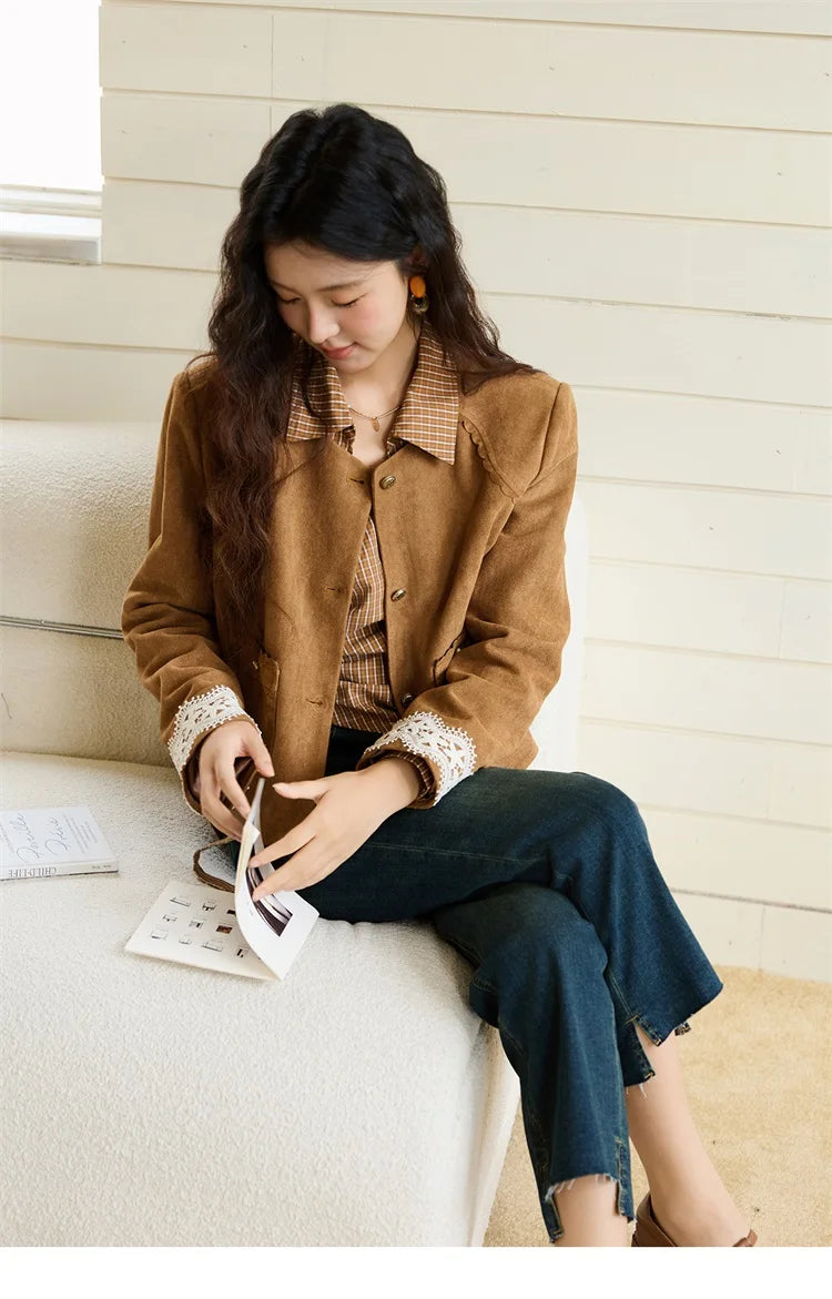 MISHOW Fragrant Suede Jacket for Women Autumn 2025 Cuffs Hollowed Out Lace Short Coats O-neck Metal Button Jackets MXE46W0839