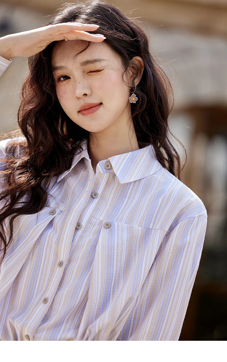 MISHOW Purple Striped Loose Shoulder Shirt for Women 2025 Casual Turn-down Collar Top Single Breasted Commuting Shirt MXE13C0407