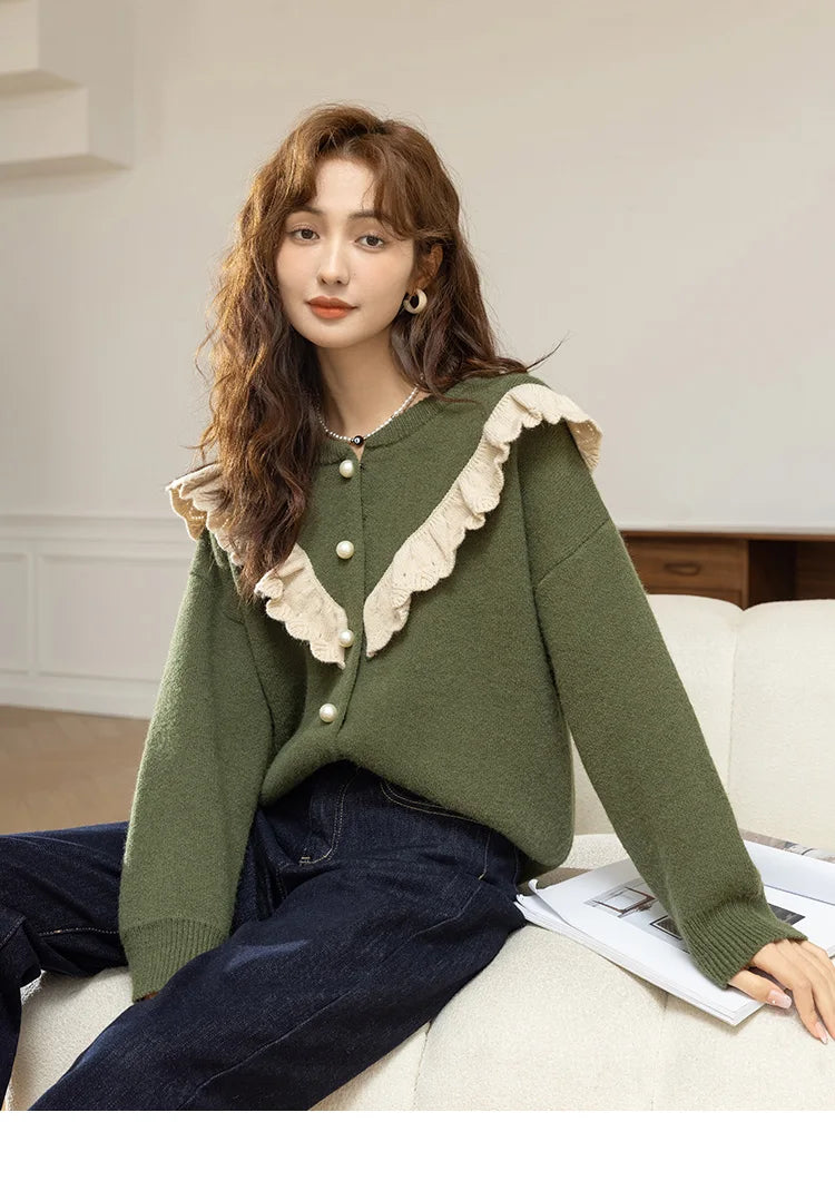 MISHOW Sweater Cardigan for Women Korean Fashion Ruffle Knitwears Autumn Winter Single Breasted Knitted Tops Jumpers MXB46Z1111