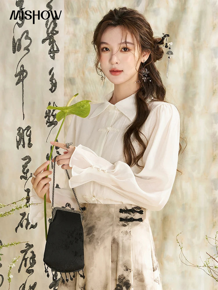 MISHOW Chinese Style Lapel Shirt 2024 Spring Retro Button Pearl Embellishments Folded Cuffs Petal Sleeve Loose Top MXD11X1344