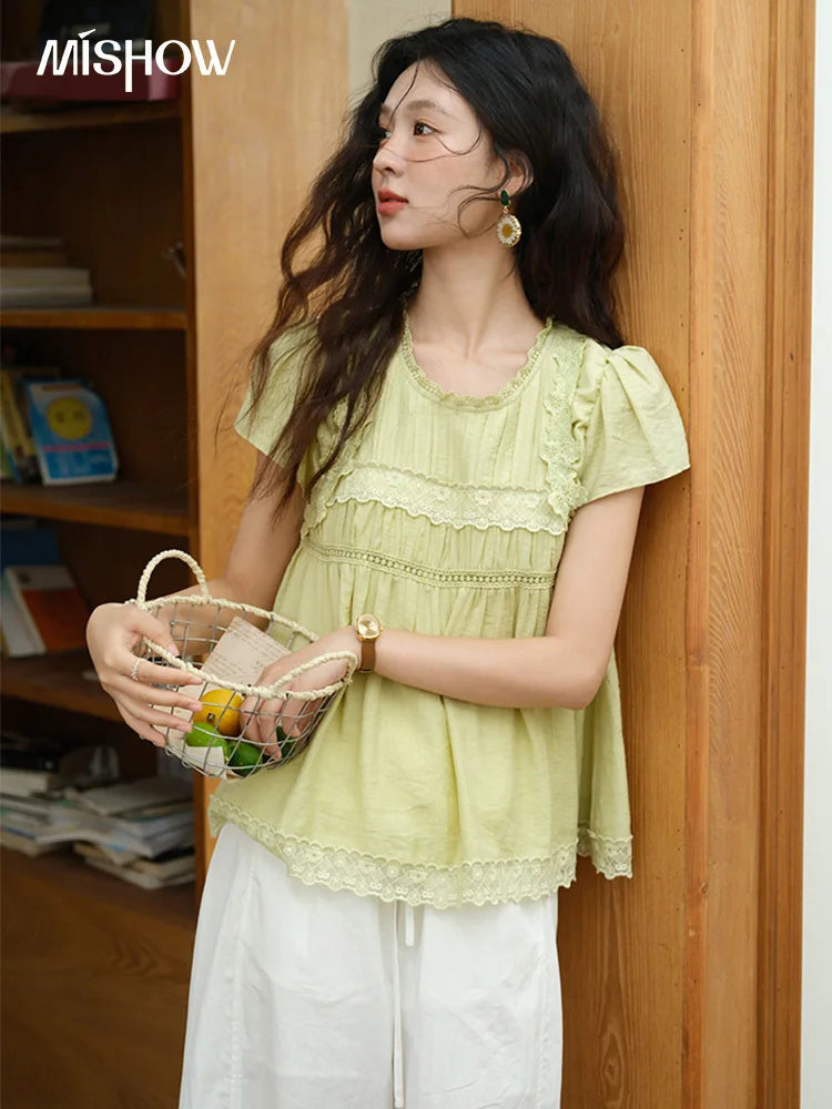 MISHOW Women's Fashion Round Neck Blouse 2025 Summer New Short Sleeve Mushroom Edge Lace Decoration Female Casual Top MXE39X1887
