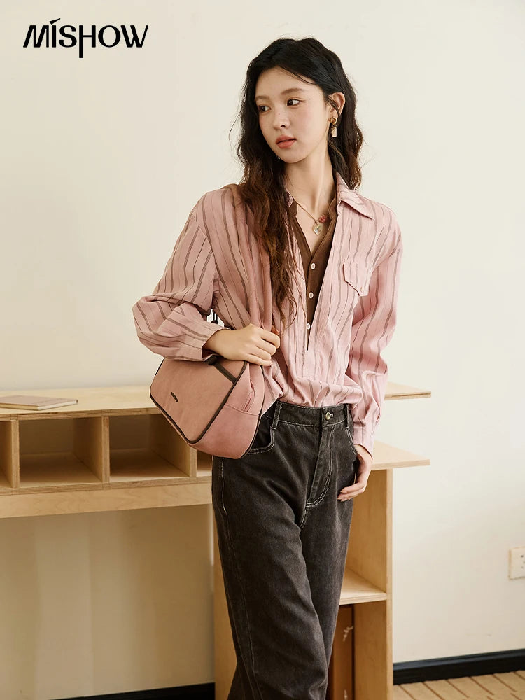 MISHOW Peach Skin Velvet Stripe Shirt for Women Autumn 2025 Double Layered Collar Contrasting Color Shirt Commute Top MXE47C2408