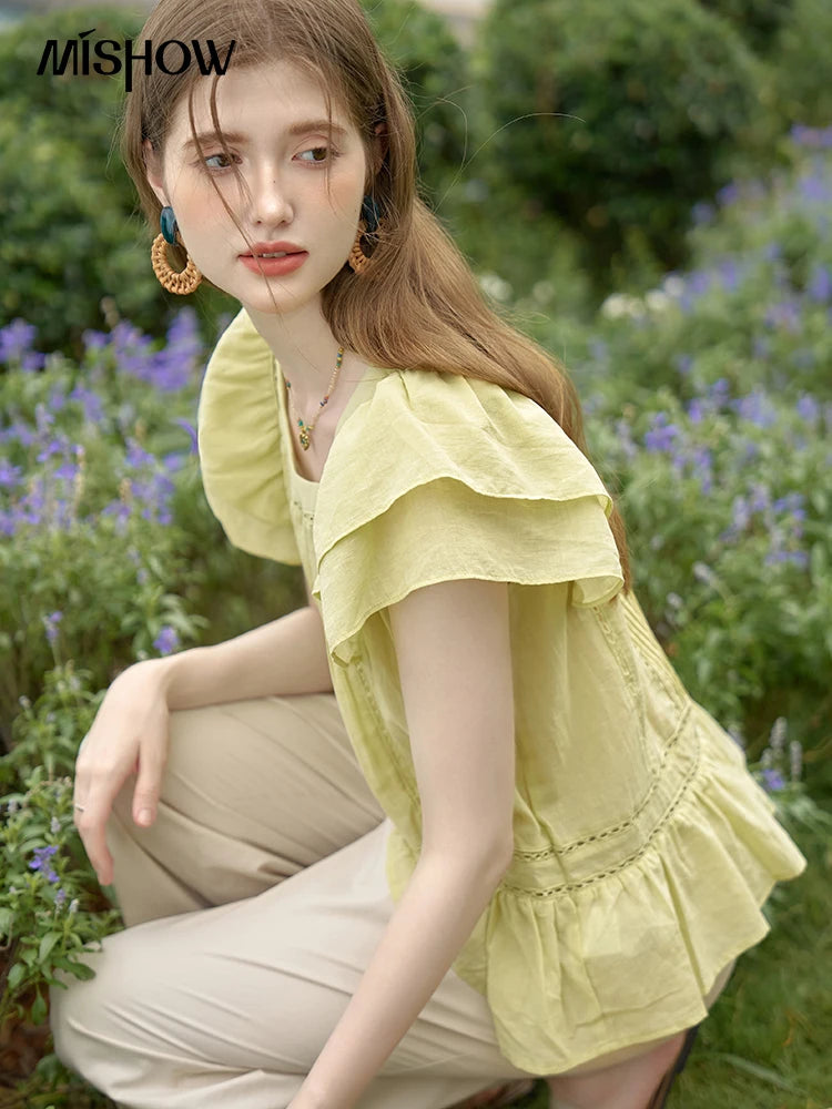 MISHOW Korean Lace Hollowed Out Flying Sleeve Blouse for Women 2024 Summer Square Neck Doll Shirt Casual Top MXD30X1574