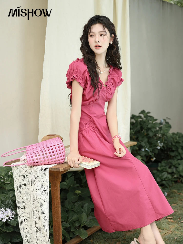 MISHOW Women's 100 Cotton Stringy Selvedge V-Neck Waist Dress 2024 Summer French Symmetric Pocket Mid Length Dresses MXD29L1934