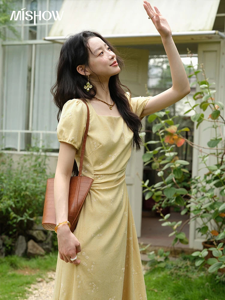 MISHOW Women's Clothing Fashion Square Neck Puff Sleeve Dress Summer 2025 New Bamboo Leaf Jacquard Pattern Dresses MXE39L2415