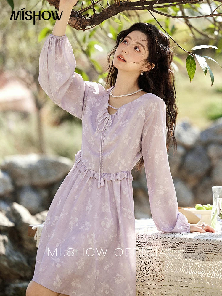 MISHOW Iris Chiffon Dress for Women Spring 2025 Waist Slim Black Fungus Edge Straps Dresses Purple Floral Fairy Dress MXE13L2095