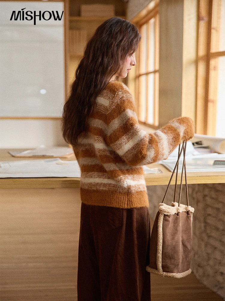 MISHOW Women's Cardigan Wool 2025 Winter Retro Striped Round Neck Long Sleeved Knitted Top Warm Comfortable Cardigan MXE87Z2723