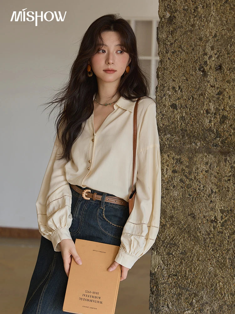 MISHOW Women's Shirt Lantern Sleeve Hollow Out Tops 2025 Autumn Single Breasted Solid Shirts Lapel Shirt Office Lady MXE41C2359