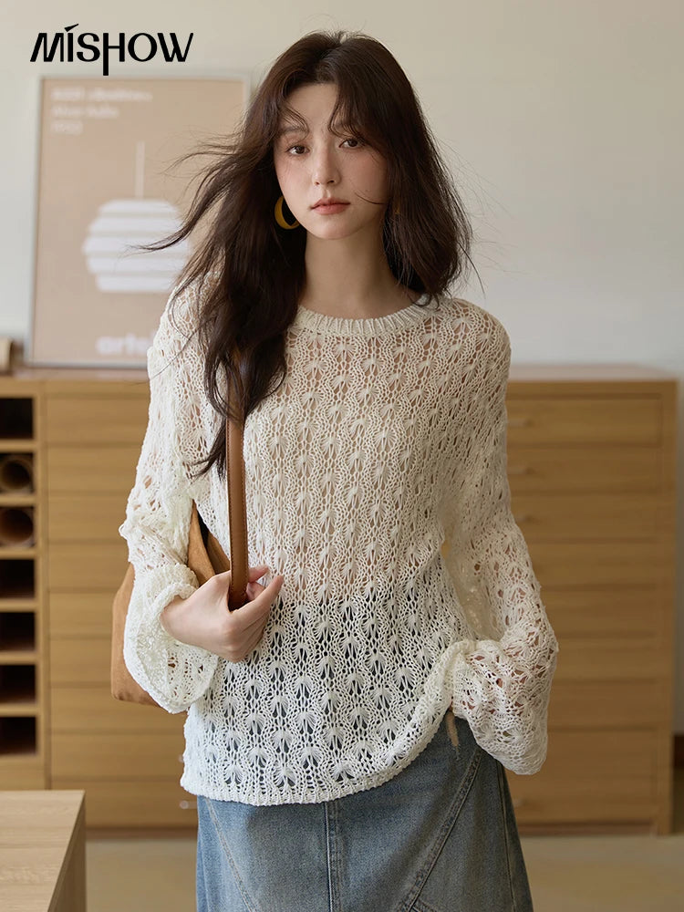 MISHOW Women's Hollow Knitted Tops 2025 Autumn Jacquard Weave Breathable Top Solid Dropped Sleeve Knitted Sweaters MXE43Z1360