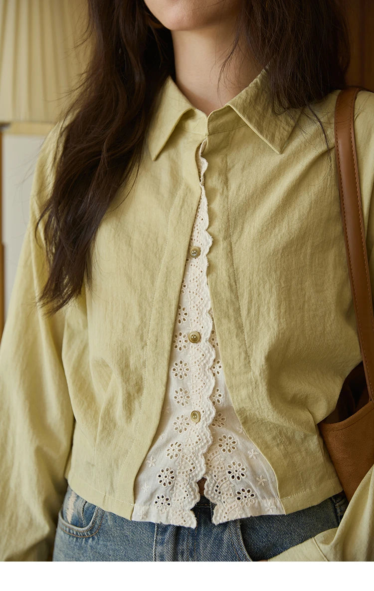 MISHOW Women's Top Green Fake Two Piece Shirt 2025 Autumn Lace Patchwork Lapel Shirts Rear Hem Elastic Short Shirt MXE41C2348