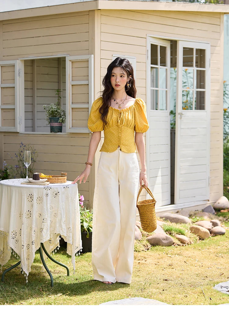 MISHOW Yellow Polka Dot One Shoulder Blouses for Women Summer 2025 Back Elastic Vintage 100 Cotton Top Lace-up Blouse MXE35X1840