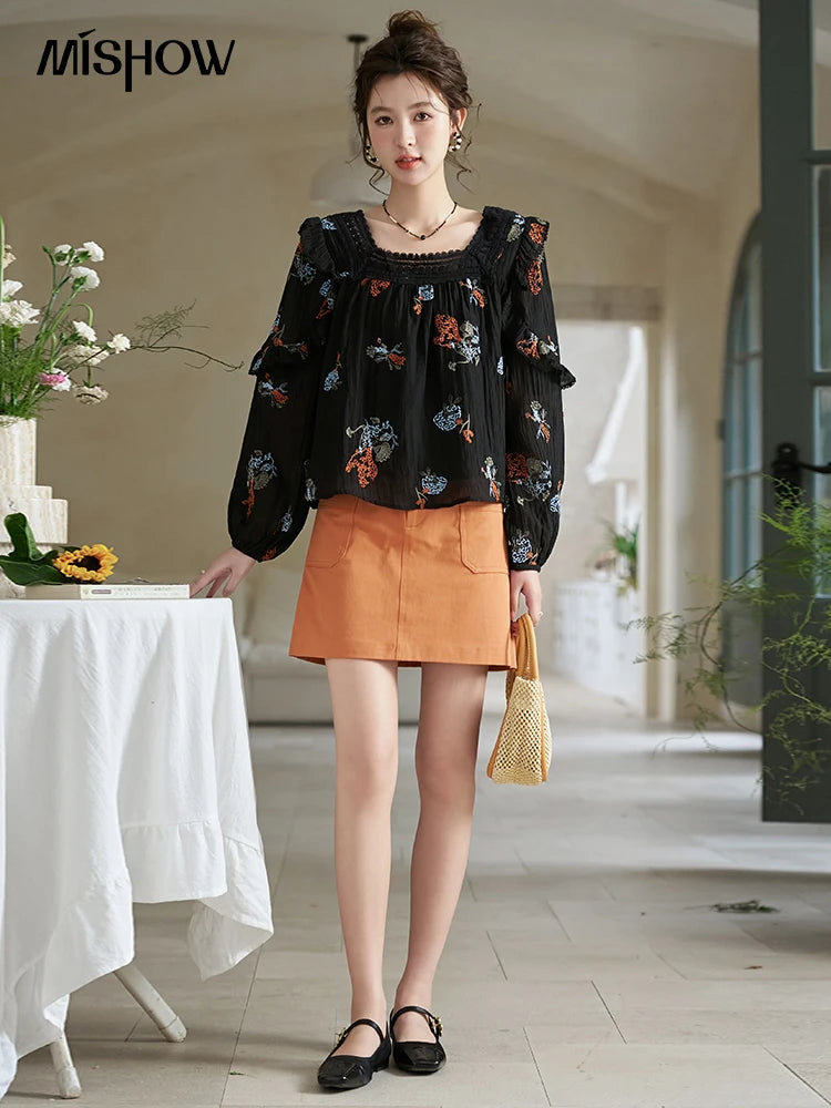 MISHOW Orange Skirt for Women Spring 2024 High Waist Slim A-line Inner Lining Design Symmetric Pocket Short Skirts MXD13B0264