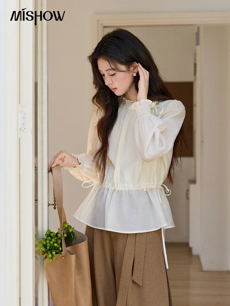 MISHOW Women's Ruffled Stand Collar Blouse 2026 Spring Flower Decor Apricot Blouses Drawstring Waist Puff Sleeve Top MXF11C2428