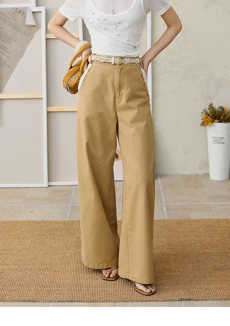 MISHOW 100Cotton Khaki Lace Patchwork Wide Leg Pants for Summer 2025 High Waist Straight Leg Trousers Commuting Pants MXE34K0925
