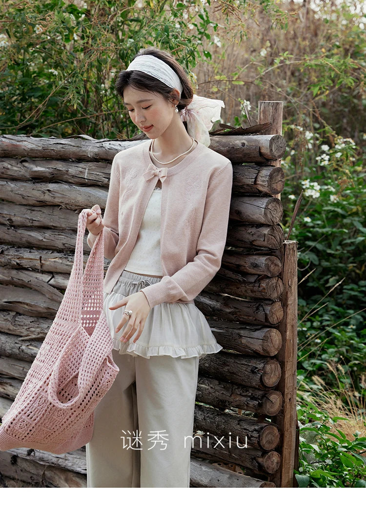 MISHOW Women's Iris Embroidery Round Neck Cardigan 2025 Spring Loose Knitted Thin Bow Design(Not Include Lace Vest)MXE13Z1142