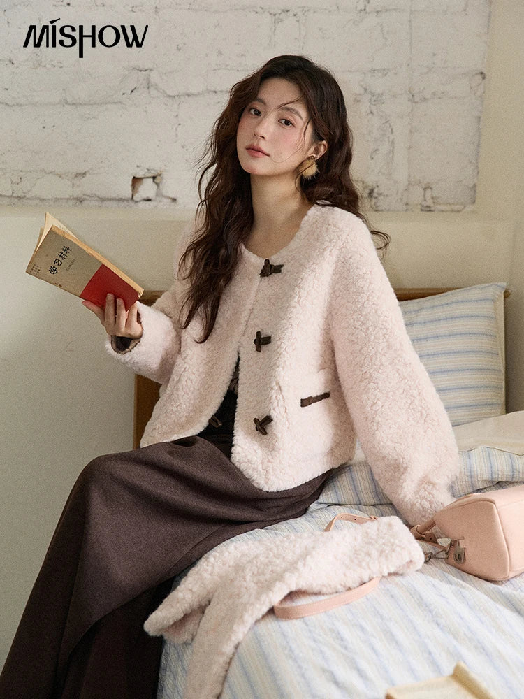 MISHOW Women's Winter Coat 2025 French Style Round Neck Long Sleeve Jacket Loose Commute Toggle Button Warm Outerwear MXE87W0988