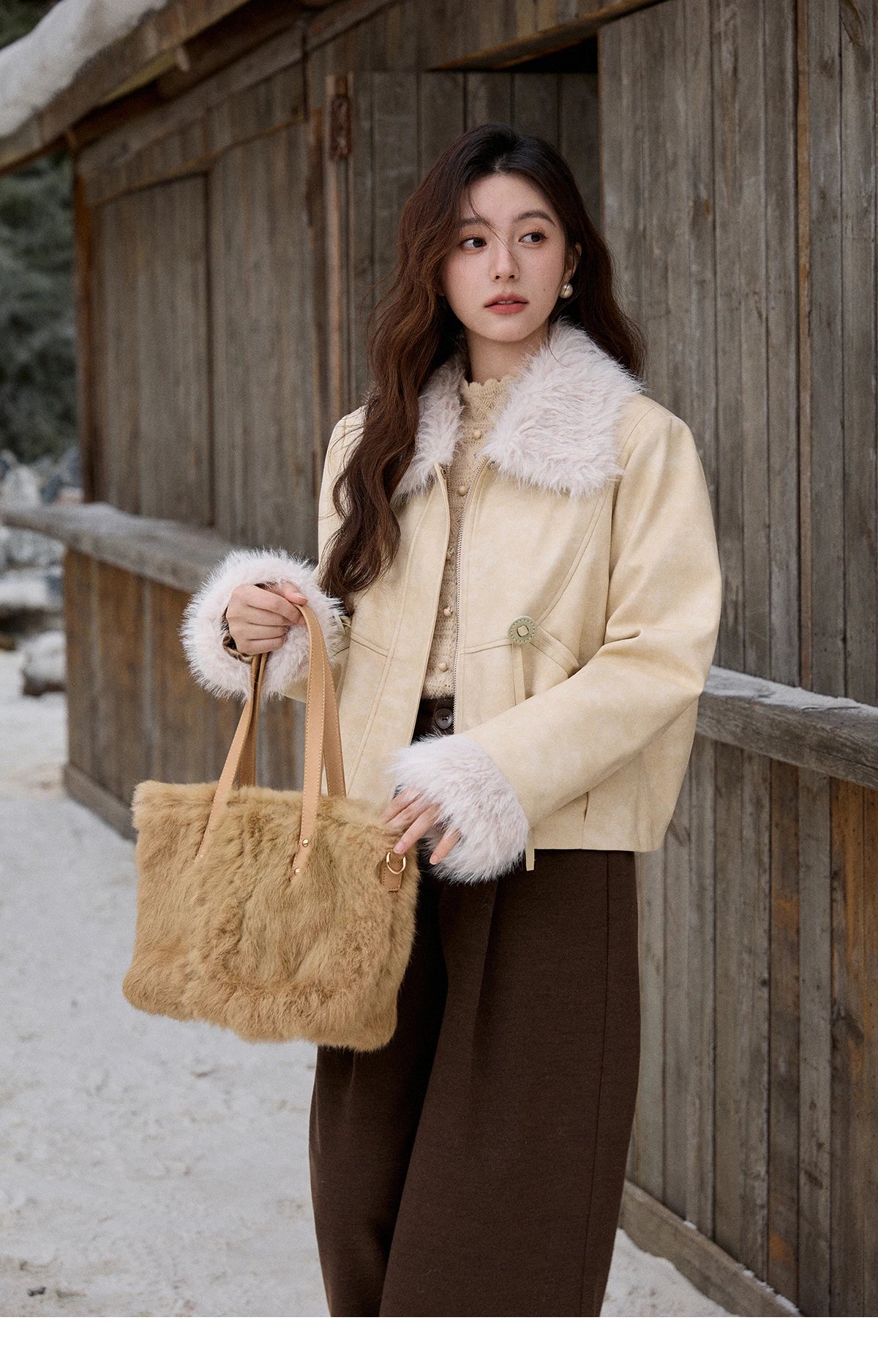 MISHOW Apricot Suede Jacket with Plush Collar Lapel for Women 2025 Winter Warm Overcoat Ladies Retro Thickening Coats MXE91W0987