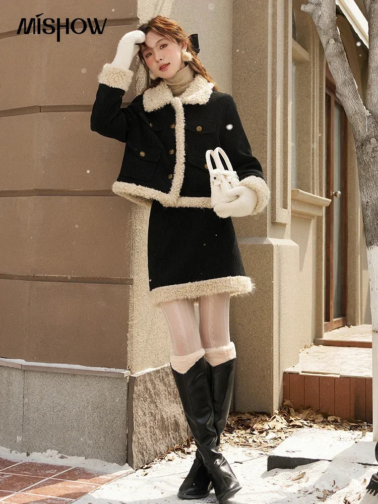 Mishow French Corduroy Patchwork Jacket & Mini Skirt Set MXC57W0180