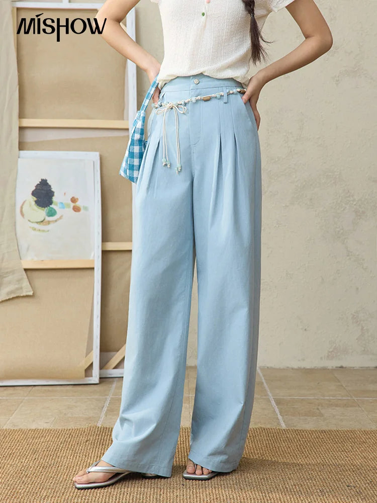 MISHOW Sea Salt Blue Wide Leg Pants 2025 Summer Contrasting Bead Belt Cotton Blend Trousers Slim Commuting Pants MXE35K0931