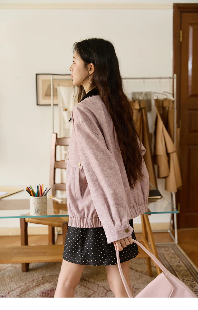 MISHOW Pink Purple Collision Black Lapel Jacket for Women Autumn Suede Metal Zipper Top Retro Loose Elastic Hem Coats MXE46W0865