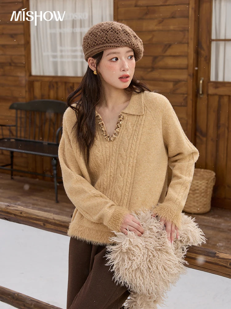 MISHOW Yellow Knitted Sweater for Women 2025 Winter New Long Sleeves Cable Plush Hem Stitching Casual Sweater Luxury MXE88Z2674
