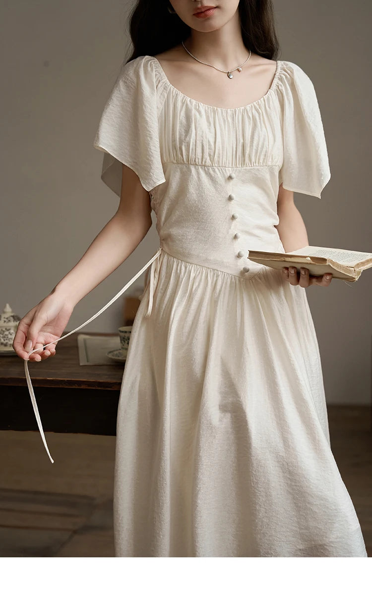 MISHOW Women's Elegant Dress 2023 Summer French A-LINE Butterfly Sleeve Square Collar Solid Lace-up Waist Dresses MXC38L1407