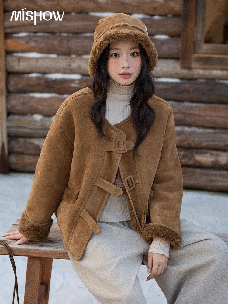 MISHOW Women's Warm Jacket 2025 Retro Luxury Brown Round Neck Long Sleeve Coat Commuting Windproof Loose Coat Woman MXE90W0994