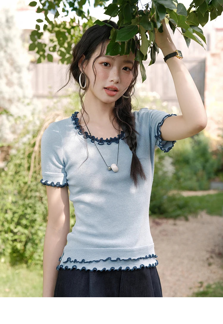 MISHOW Women's Round Neck Knit T-shirt Summer 2025 Fashion Ear Edge Short Top Casual Short Sleeve Tee Female Clothing MXE32Z1233