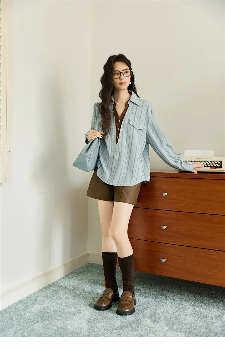 MISHOW Peach Skin Velvet Stripe Shirt for Women Autumn 2025 Double Layered Collar Contrasting Color Shirt Commute Top MXE47C2408