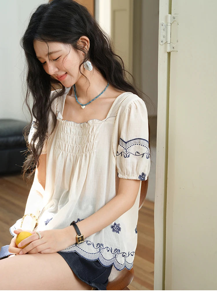 MISHOW Square Neck Puff Sleeve Women's Blouse 2025 Summer Fashion Flower Embroidery Hollow Out Blouse Female Clothing MXE39X1953