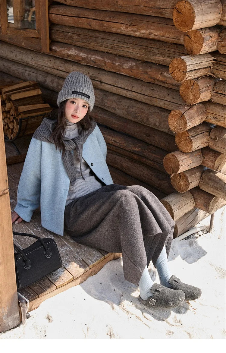 MISHOW Women's Pants 2025 Fashion Gray Wool Wide-leg Pants High-waisted Cropped Retro Style Commuting Pants Warm MXE90K1128