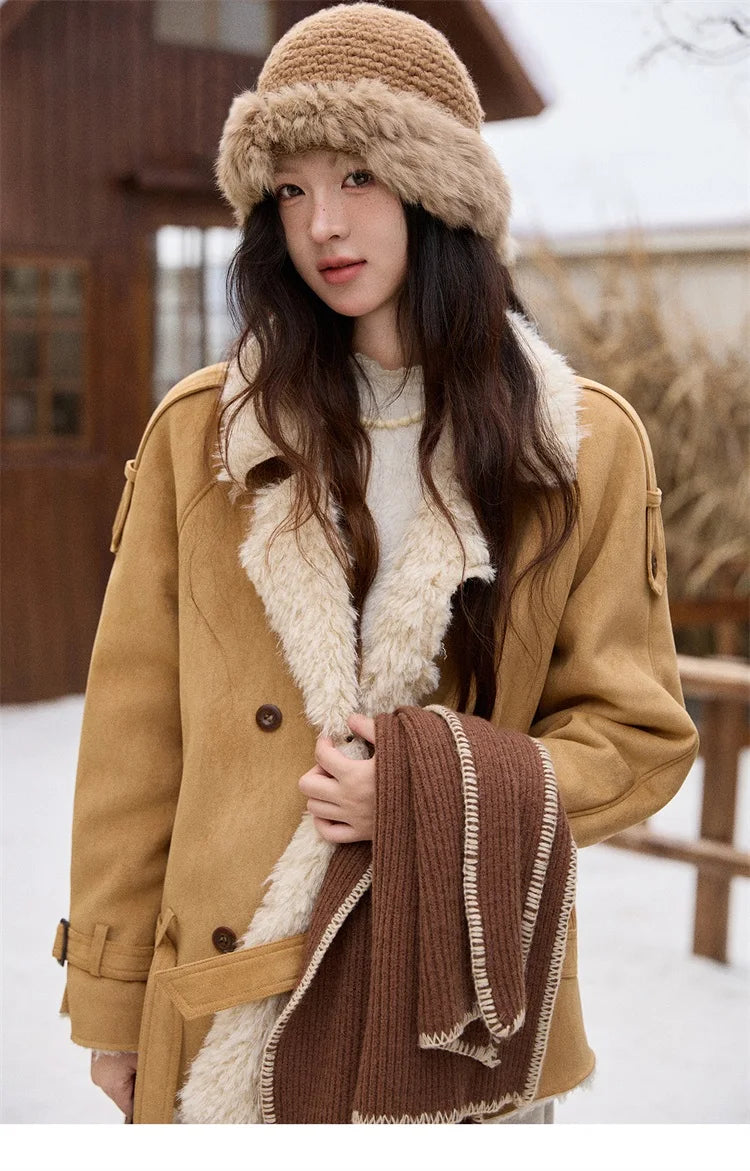 MISHOW Women Winter Jacket 2025 Fashion Suede Lambskin Fleece Coat Commute Windproof Retro Double-breasted Warm Coat MXE86W0907