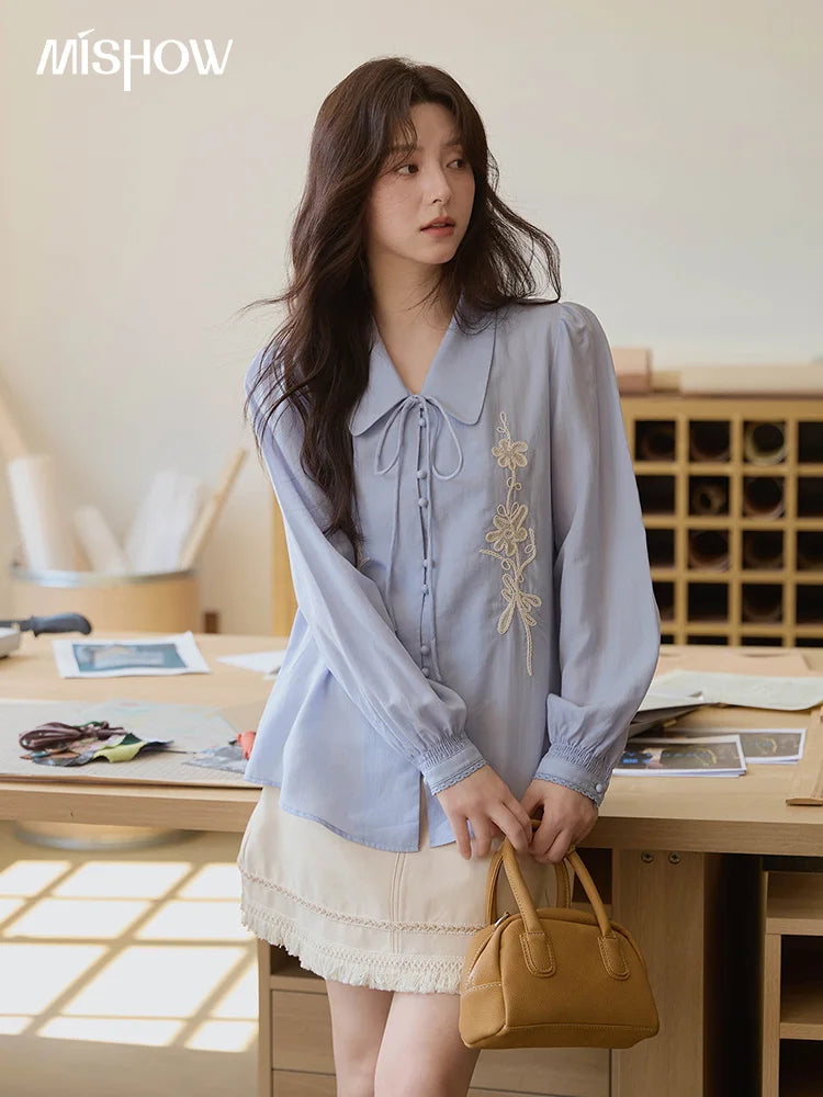 MISHOW Women's 100% Lyocell T-Shirt 2025 Autumn Flower Embroidered Tops Puff Sleeves Lapel Lace-up Shirts Office Lady MXE42C2371