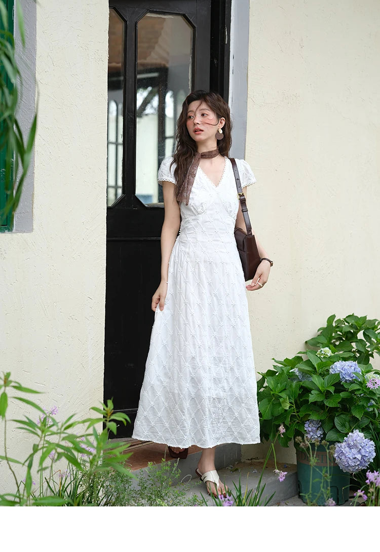 MISHOW Women's V-neck Lace Spliced Dress 2025 Summer New Embroidery Vacation French Style Jacquard Mid-Length Dresses MXE38L2378