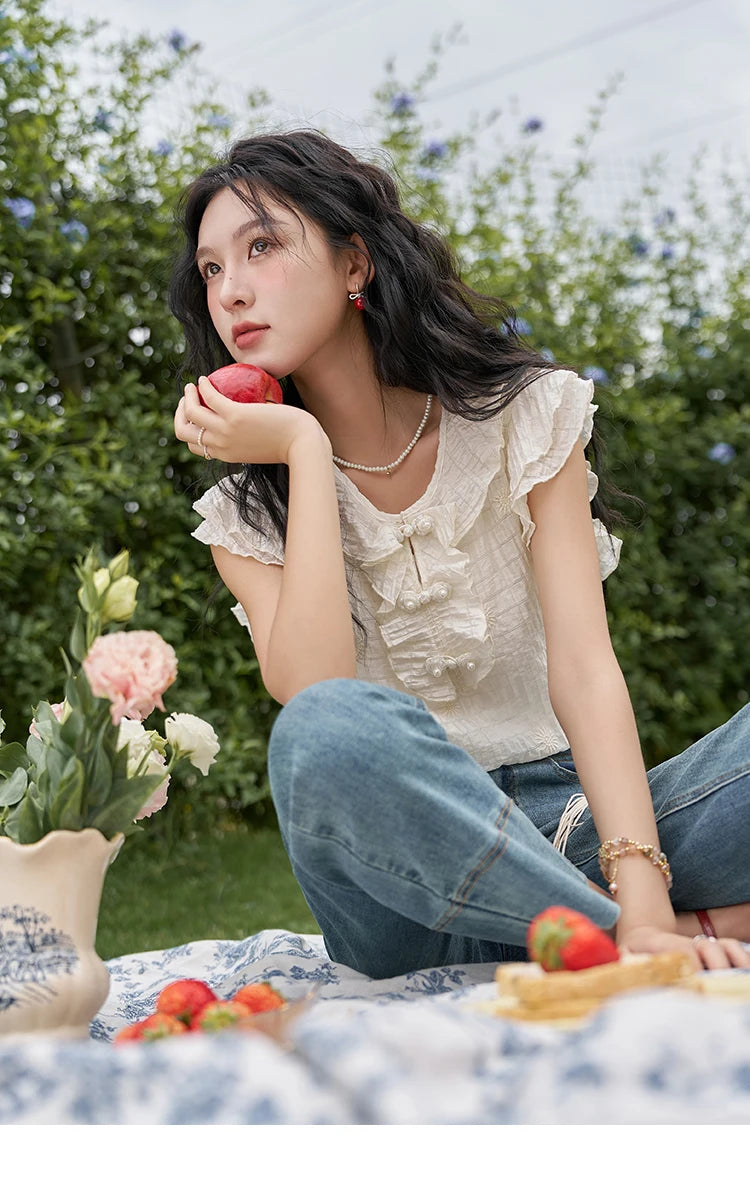 MISHOW Chinese Retro Button Up Blouse for Women 2024 Summer Flying Sleeve Chiffon Embroidery V-Neck Top with Camisole MXD21X1374