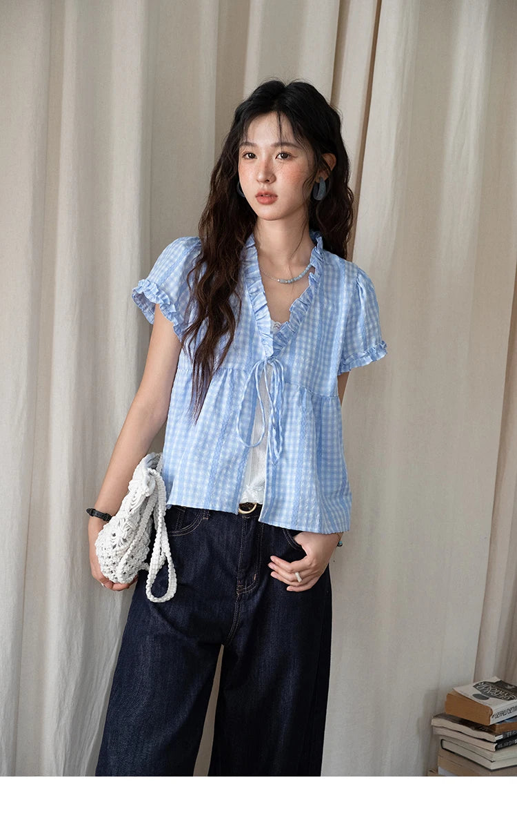 MISHOW Women's Plaid Blue Fake Two Piece Blouse 2025 Summer Fashion Puff Sleeve V-neck Lace Up Top Female Clothing MXE37X1901