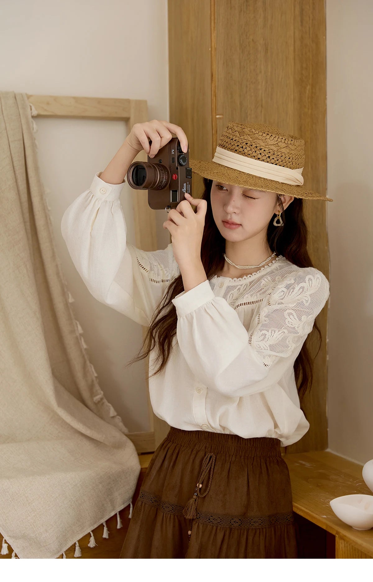 MISHOW Women's Beige Hollow Out Embroidery Shirt Autumn French Elegant Long Sleeve O-Neck Shirts Retro Commute Tops MXE44X2498