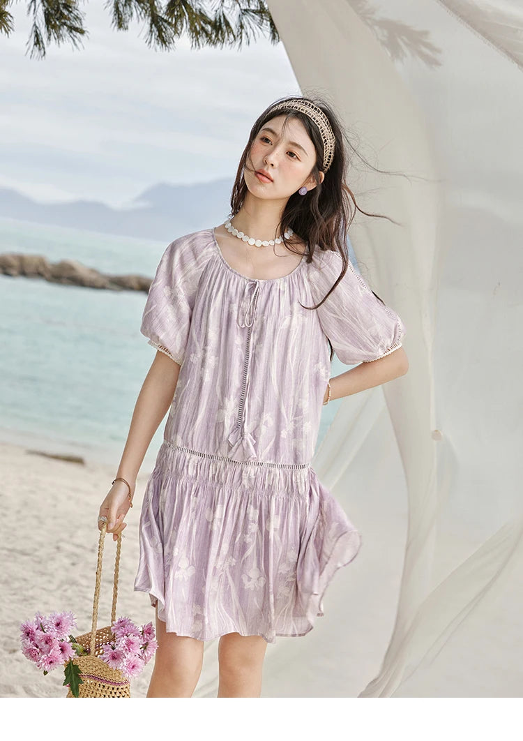 MISHOW Print Summer Chiffon Dress Women 2025 Short Sleeve U Neck Splicing Hollow Lace Midi Dresses Lady New Fashion MXE32L2164