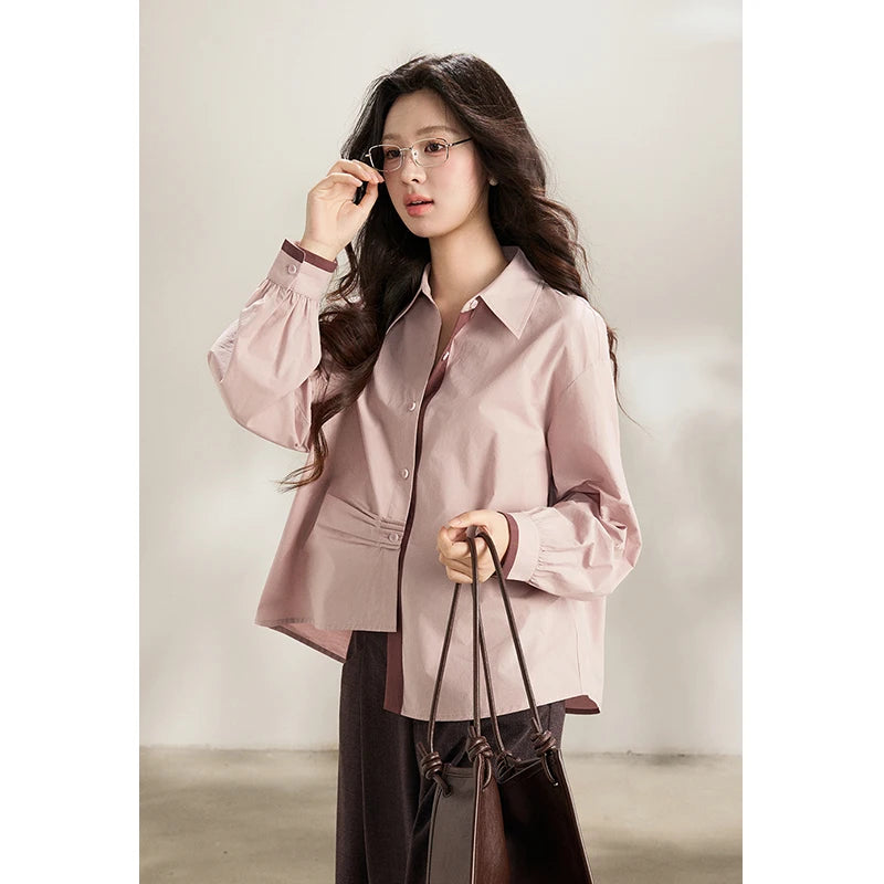 MISHOW Women's French 100 Cotton Contrasting Color Shirts Spring Polo Neck Asymmetrical Casual Commute Loose Shirt MXF13C2435