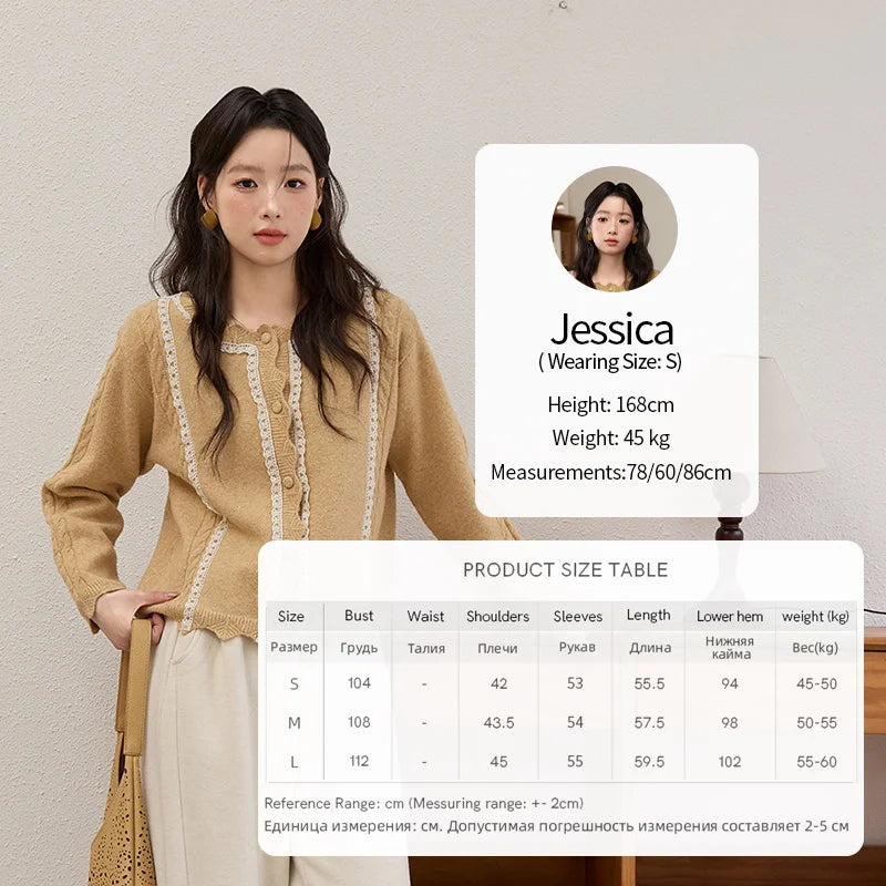 MISHOW Yellow Knitted Cardigan Ladies 2025 New Sweet Lace Stitching Cable Sweater Commute Women's Autumn Cardigan MXE51Z2546