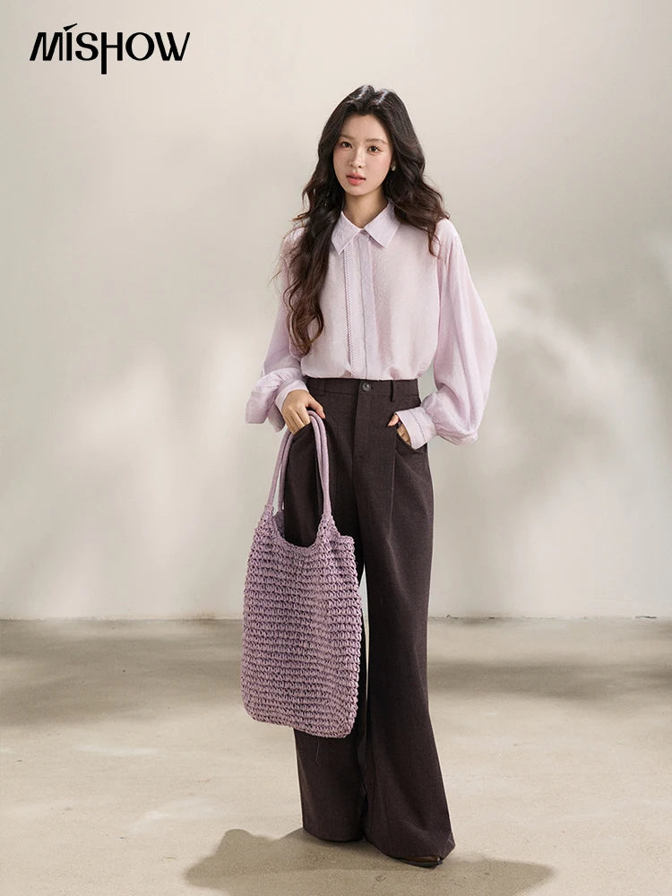 MISHOW Women's Lapel Lantern Sleeve Shirts 2026 Spring Lace Trim Casual Loose Breathable Solid Shirt Office Lady MXF13C2436