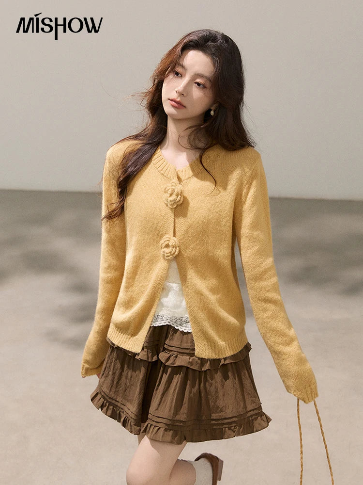 MISHOW Women's Flower Decor Mohair Fork Knit Cardigan 2026 Spring Crew Neck Long Sleeve Tops Casual Solid Sweater MXF15Z3051