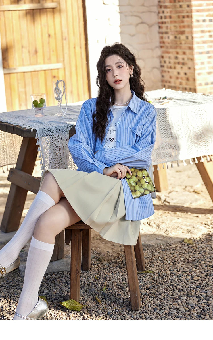 MISHOW Blue Striped Shirt for Women 2025 Spring Versatile Office Lady Tops Pocket Turn-down Collar Long-Sleeve Shirts MXE11C0399