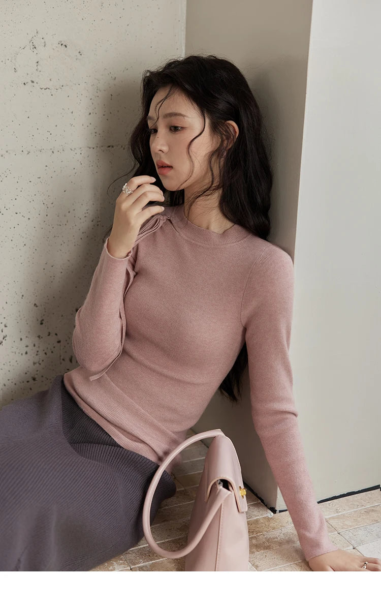 MISHOW Bottom Knit Sweater Women Fashion Hollow Tie Design Bottoming Shirt 2024 Fall New Warm Long-sleeved Slim Tops MXD45Z0766