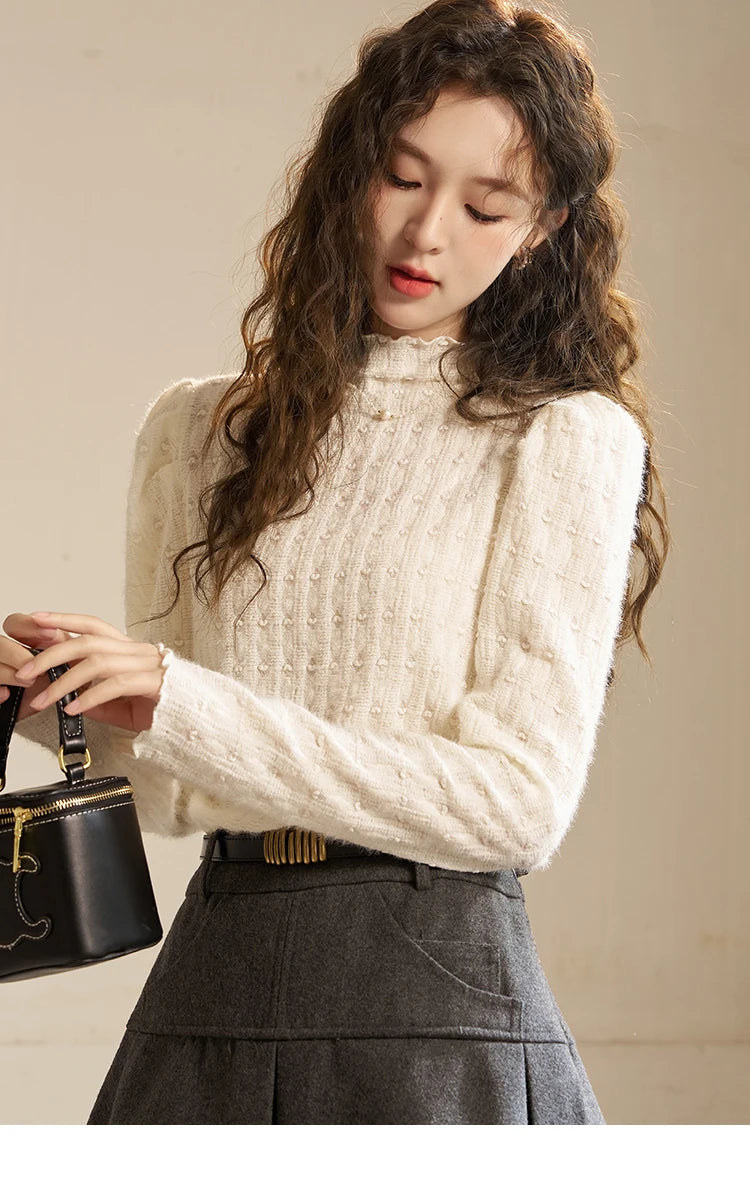 MISHOW Lace Bottoming Shirt Women Autumn Winter Mock Neck Long Sleeve Knitted Pullover French Warm Inner Top Female MXC58Z0481