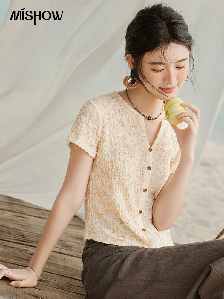 MISHOW Print Casual Summer T-shirts Women 2025 New Short Sleeve V-neck Thin Knitted Shirt Female Fashion Breathable MXE31Z1234