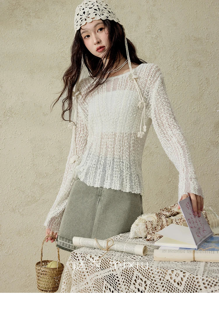 MISHOW Women 's Apricot White Hollow Knitted Sweater Spring 2025 Mohair Cover Drop Sleeve Top Strapless Slim Tube Top MXE12Z1120