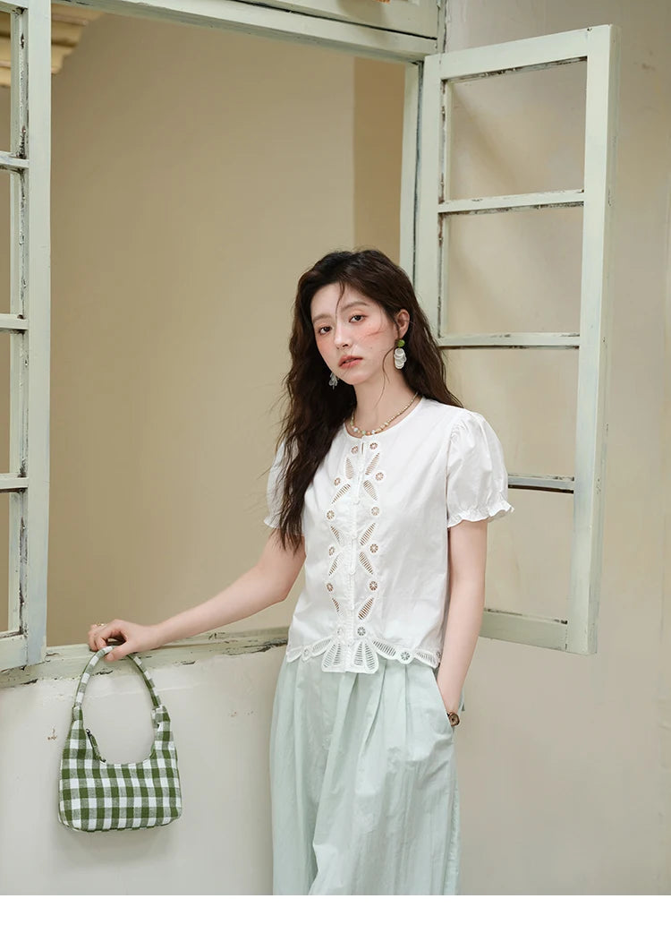 MISHOW 100%Cotton Hollow Embroidery Round Neck Shirt for Women 2025 Summer Puff Sleeve Casual Top Women's Clothing MXE39X1938